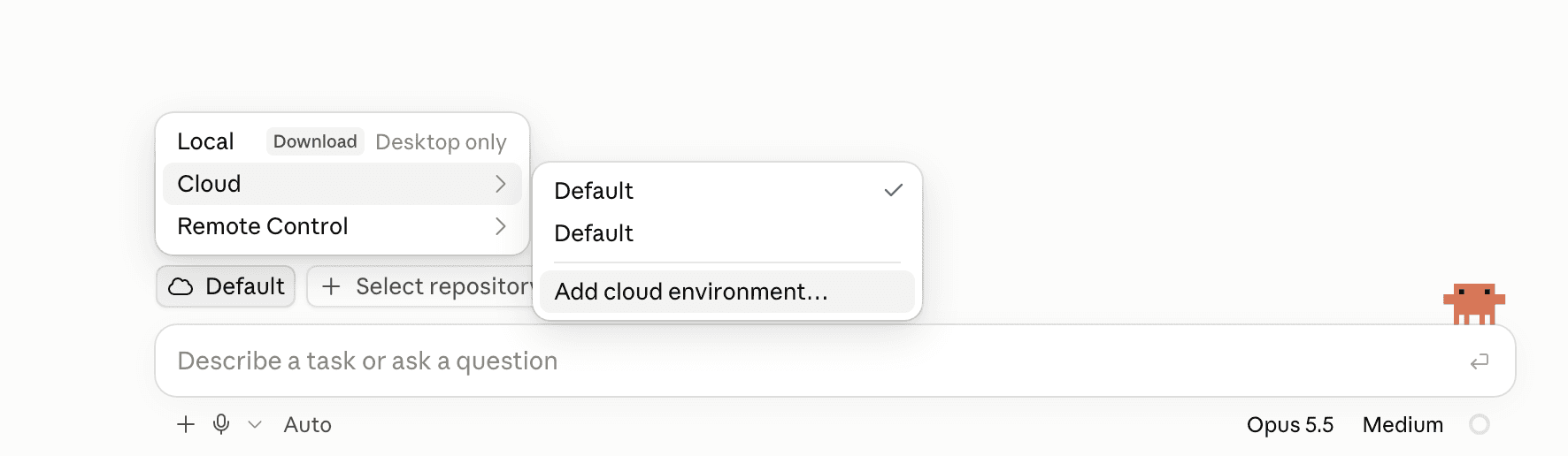 Cloud submenu showing existing Default environments and Add cloud environment at the bottom.