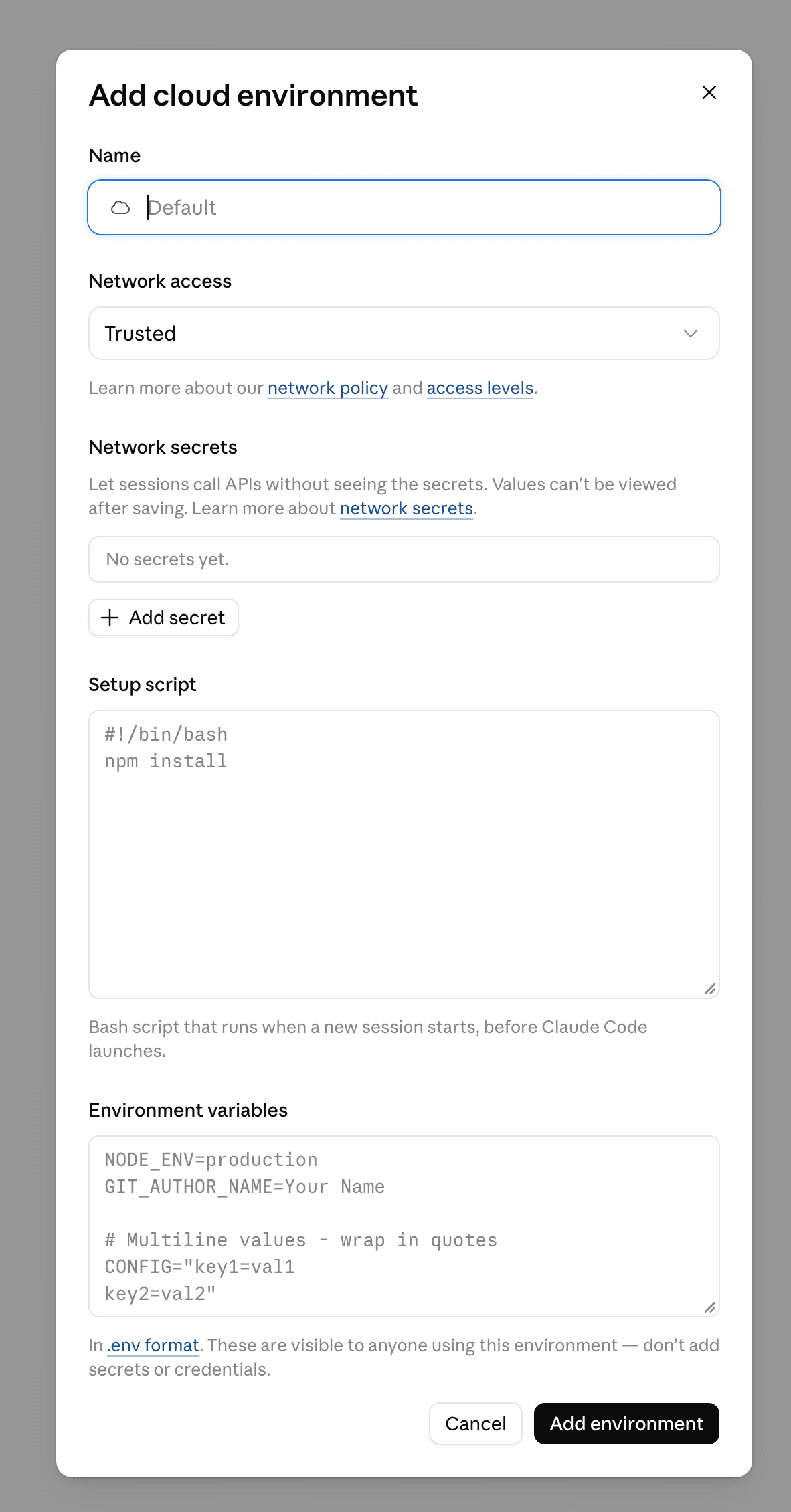 Add cloud environment form with Name, Network access, Setup script, Environment variables and Add environment button.